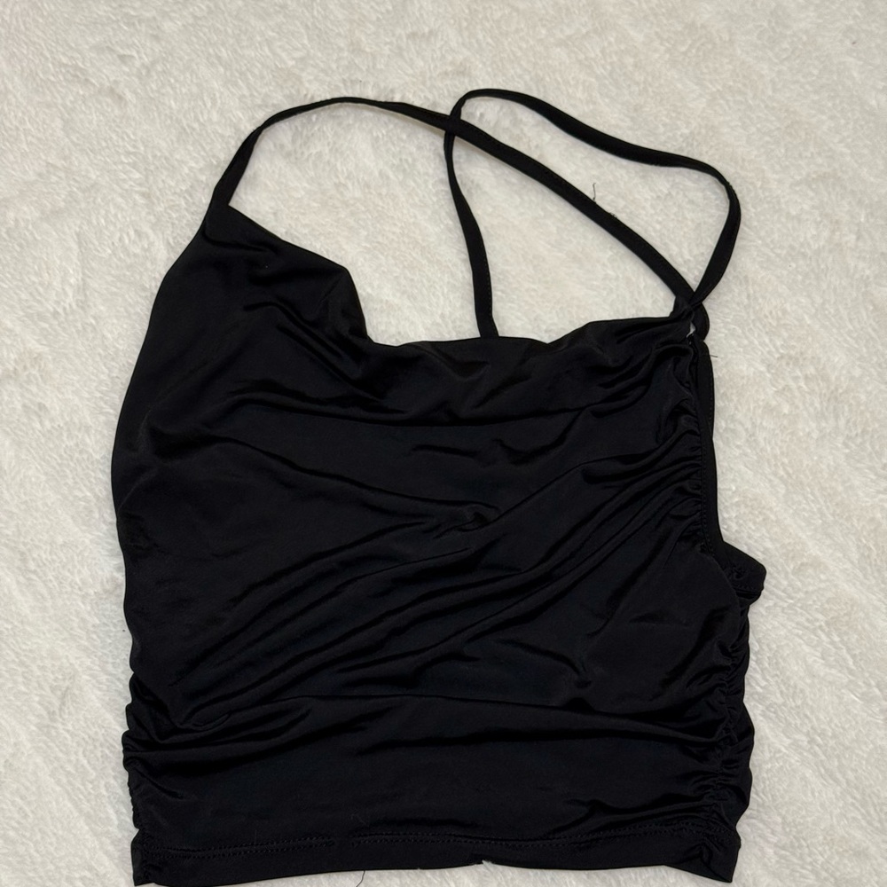 Urban Outfitters Black Ruched Cowl Neck Cross Back Halter Top